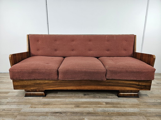 Art Deco Sofa aus Nussbaumholz mit Stauraum und gepolsterten Kissen, 1940