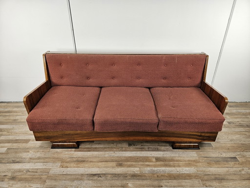 Art Deco Sofa aus Nussbaumholz mit Stauraum und gepolsterten Kissen, 1940