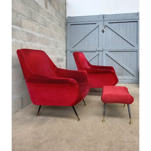 Paar Vintage-Sessel mit Samt-Ottomane, Italien 1950