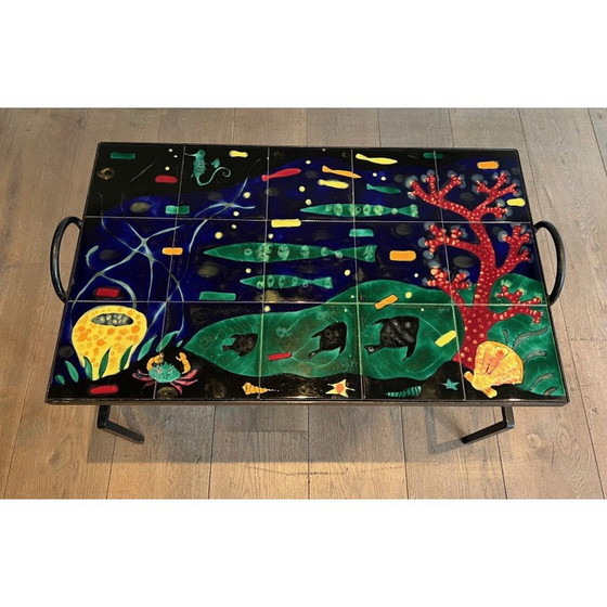 Image 1 of Vintage Couchtisch aus schwarz lackiertem Metall und Keramik, 1950