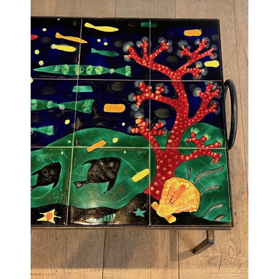 Image 1 of Vintage Couchtisch aus schwarz lackiertem Metall und Keramik, 1950