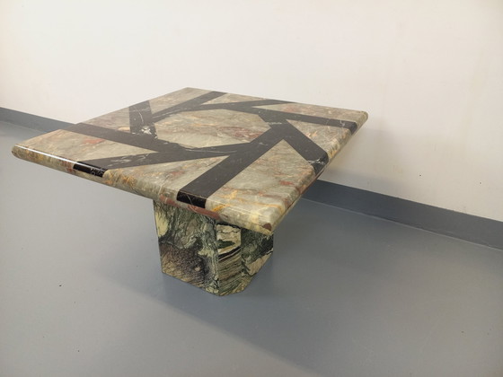 Image 1 of Vintage Marmor Quadratischer Niedriger Tisch Mit Geometrischen Mustern Aus Den 70er Jahren