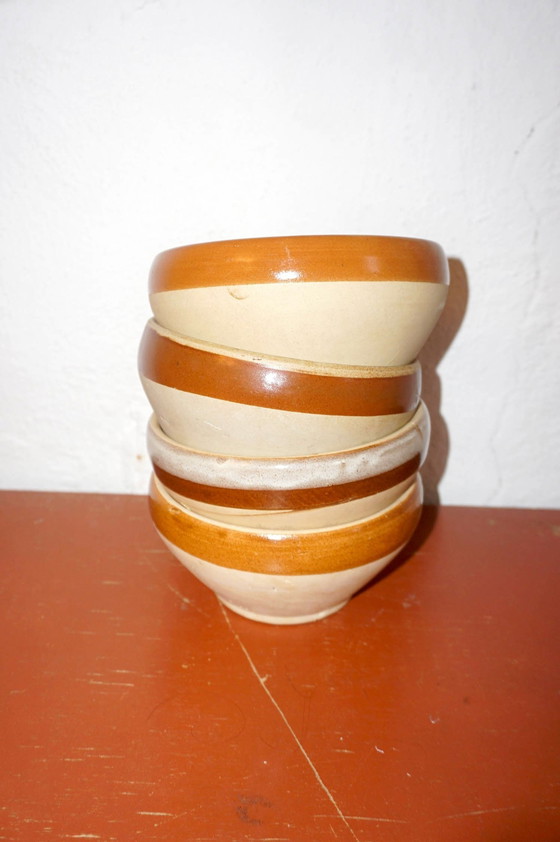 Image 1 of Big Beautiful Brown Striped Gres Schalen * Set von 4 * Made in France * Französisch * Cereal Suppe Salat Schalen * Bauernhaus