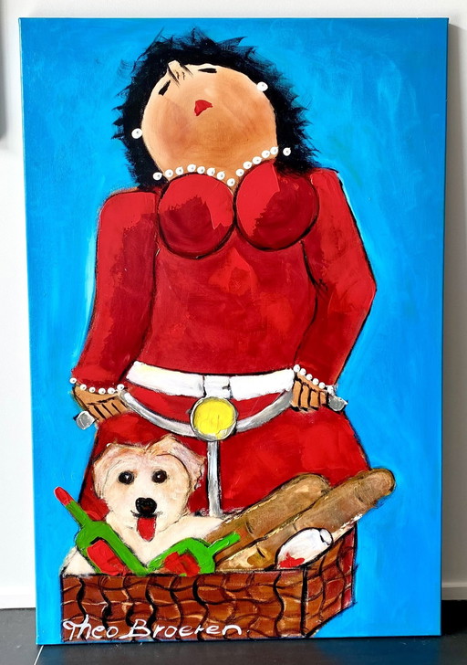 Theo Broeren "Faire Du Vélo Avec Un Chien" - Original Painting On Canvas - 80Cm X 120Cm - With Certificate Of Authenticity