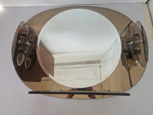 Italienischer Raumzeitalter-Spiegel mit zwei Wandleuchtern