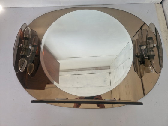 Image 1 of Italienischer Raumzeitalter-Spiegel mit zwei Wandleuchtern