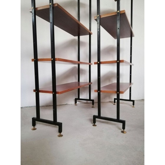 Image 1 of Paar vintage Bücherregale mit Eisenstruktur und Holzwaben, Italien 1960