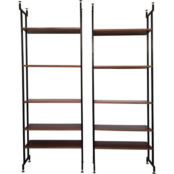 Image 1 of Paar vintage Bücherregale mit Eisenstruktur und Holzwaben, Italien 1960