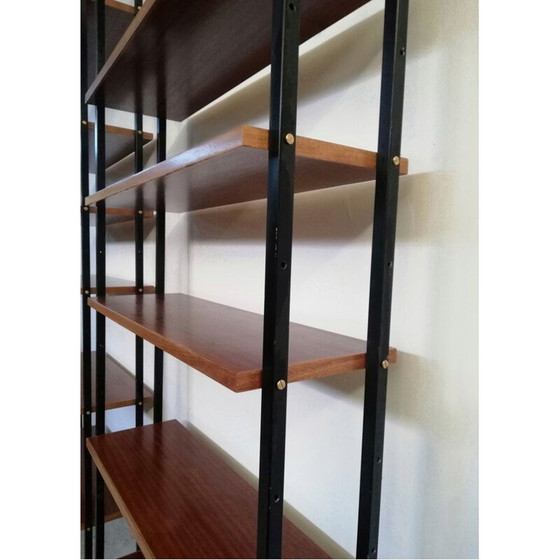 Image 1 of Paar vintage Bücherregale mit Eisenstruktur und Holzwaben, Italien 1960