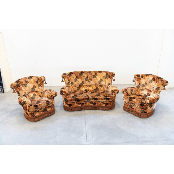 Image 1 of Vintage 3-Sitzer Sofa aus Holz und Chenille-Stoff mit zwei Sesseln, Italien 1970