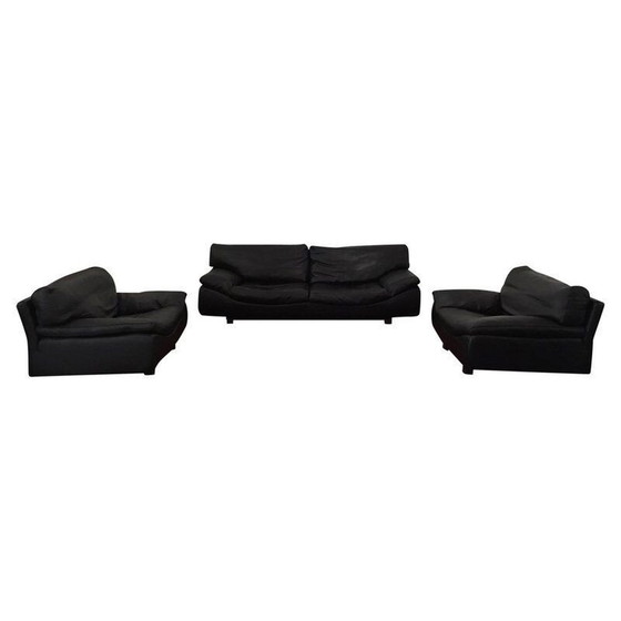 Image 1 of Vintage Sofa und 2 Sessel, Wohnzimmerset Roche Bobois, Schwarzes Leder