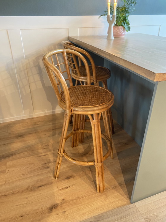 Image 1 of 2x Vintage Rattan Barhocker Barstühle