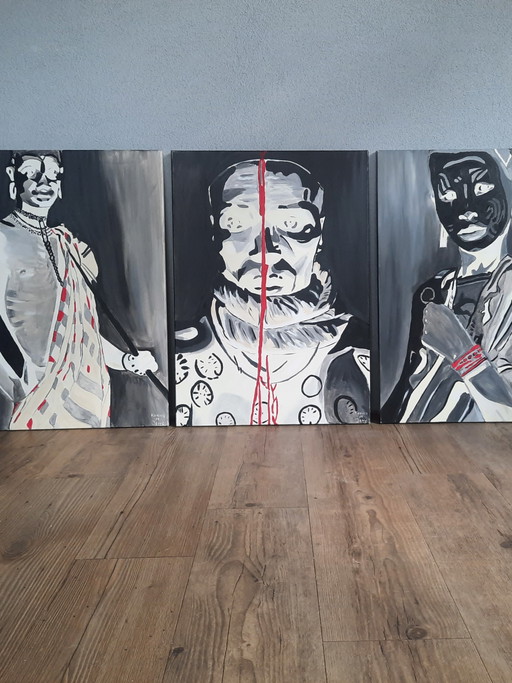 Karina de Jong, Triptychon Masai-Leute malen – schilderijen tekeningen, Canvas, Modern