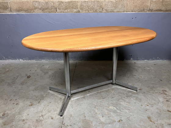 Image 1 of Vintage Esstisch Oval Chrom Massiv Eiche
