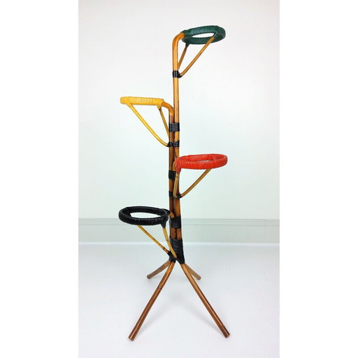 Vintage Pflanzenständer aus Rattan und Scoubidou 1960