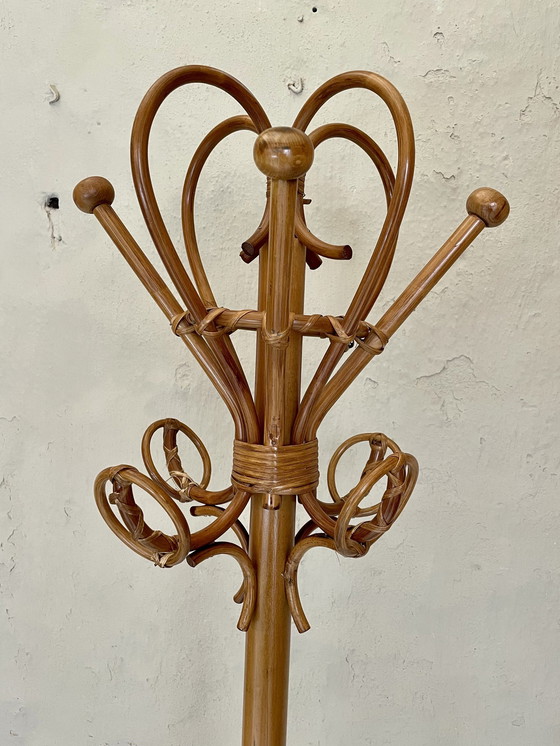 Image 1 of Boho Stehende Kleiderständer Holz und gewebtes Rattan H: 182Cm