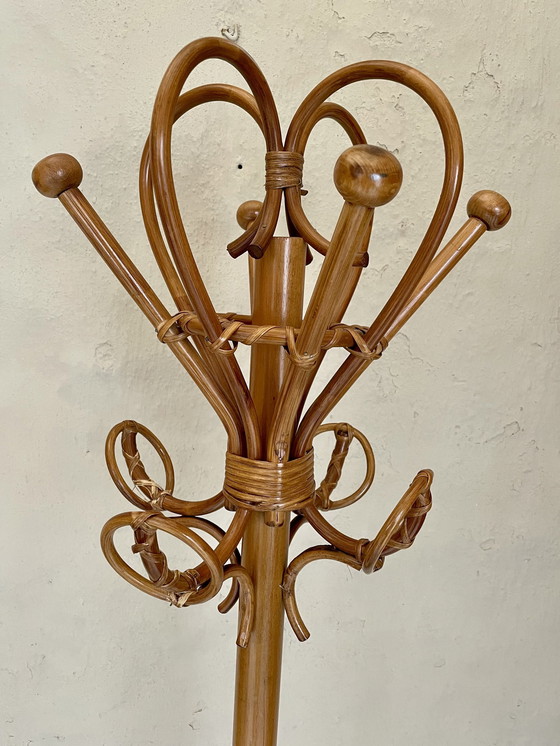 Image 1 of Boho Stehende Kleiderständer Holz und gewebtes Rattan H: 182Cm