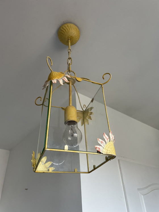 Image 1 of Hängeleuchte Emailleblech Vintage Italienisches Design Sonnenblumen