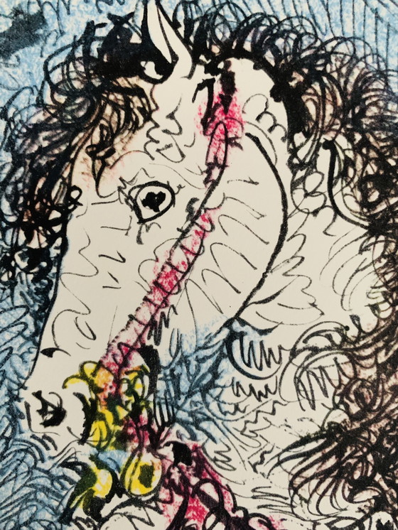 Image 1 of Pablo Picasso Original Farblithographie, Jacqueline auf einem Pferd 1961. In ausgezeichnetem Zustand.  Torres Y Torrer