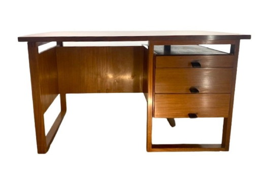 Vintage-Schreibtisch, 1960-70, Großmodel, Holz, Leder