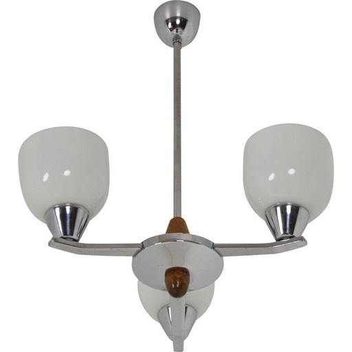 Vintage-Kronleuchter Glas Chrom, Holz von Lidokov, Tschechoslowakei 1970