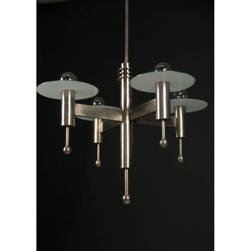 Vintage vernickelt Art Deco oder Bauhaus Kronleuchter mit 4 Flammen, 1920