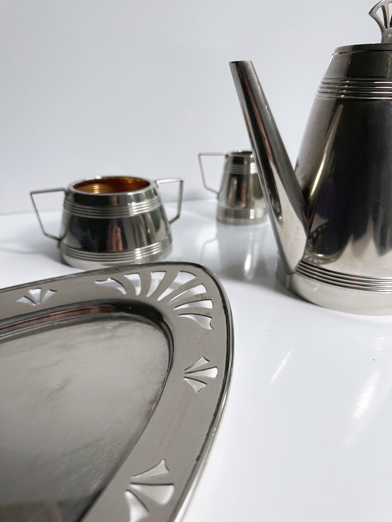 Image 1 of Art Deco Kaffee Set Service 30Er 1930 Silber Versilbert  Metall Hotelsilber Kanne Zucker Milch