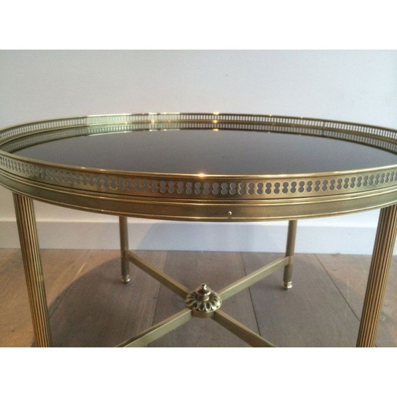 Image 1 of Runder Vintage-Couchtisch aus Messing und schwarz lackiertem Glas für Maison Jansen, Frankreich 1940
