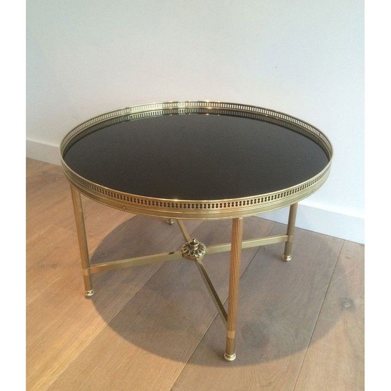 Image 1 of Runder Vintage-Couchtisch aus Messing und schwarz lackiertem Glas für Maison Jansen, Frankreich 1940