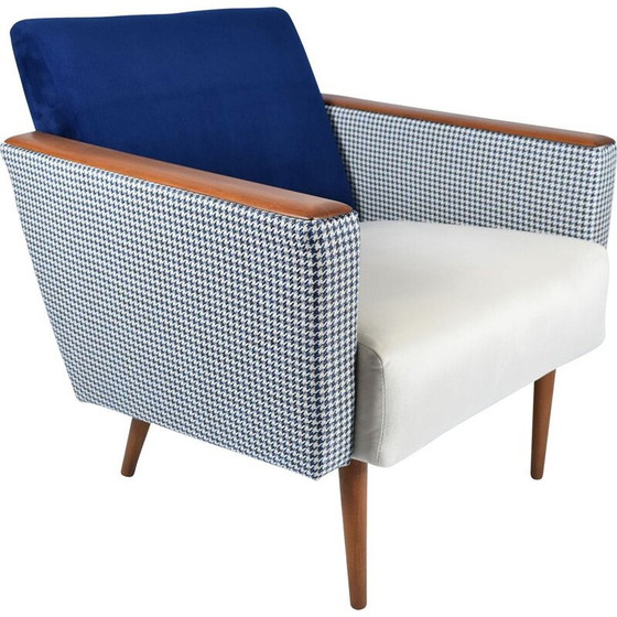 Image 1 of Vintage-Sessel mit Pied de Poule-Stoff in beige-blauem Samt 1960er Jahre