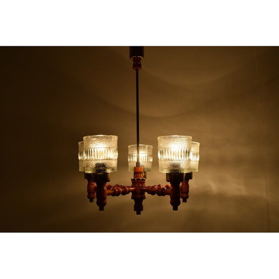 Image 1 of Mid-Century-Kronleuchter aus Holz und Glas von Instala Jilove u Decina, Tschechoslowakei 1960er Jahre