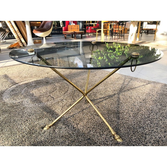 Image 1 of Vintage Couchtisch aus Glas und Messing mit Dreibeinbeinen, 1970