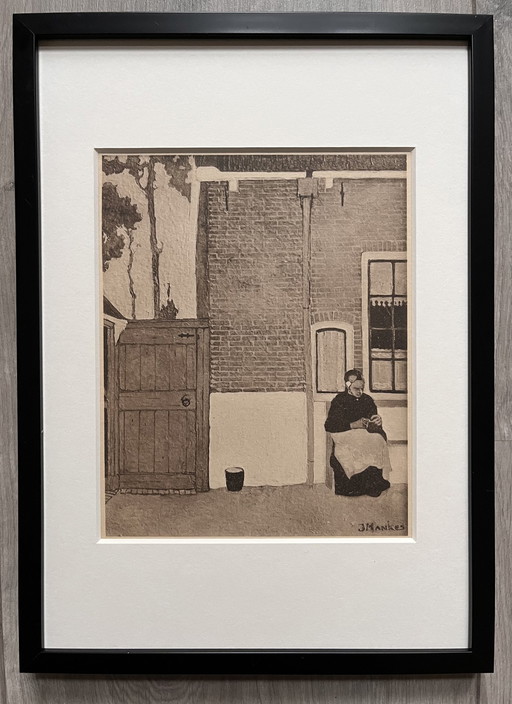 Jan Mankes 1889-1920 / Original Heliogravüre Stricken weiblich 1923 (schön gerahmt)