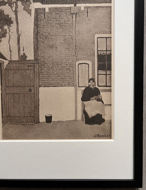 Jan Mankes 1889-1920 / Original Heliogravüre Stricken weiblich 1923 (schön gerahmt)