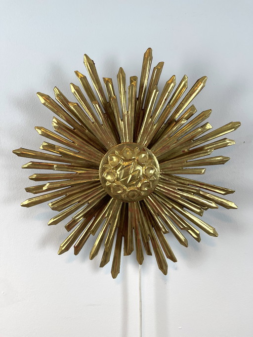 Wandlampe Sunburst Sonnenschliff Mid-Century Holz