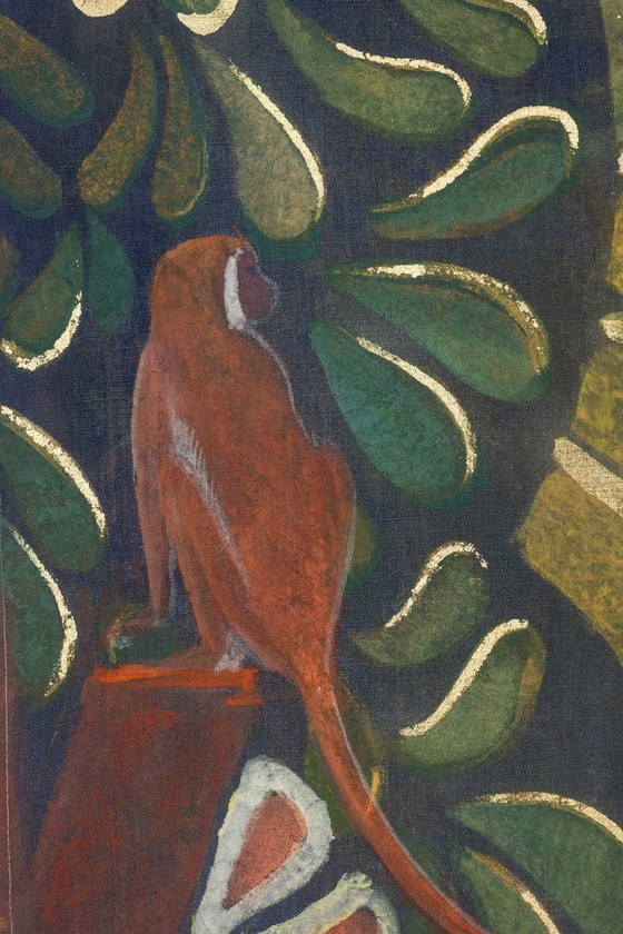 Image 1 of Gemaltes Leinwandbild mit einem Bären auf einem Blumenhintergrund. Zeitgenössisch.