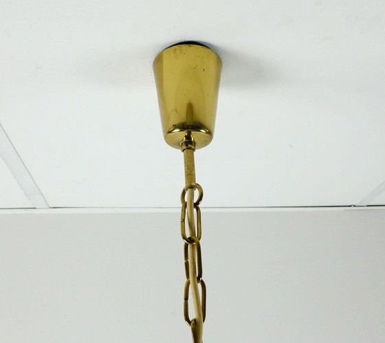 Image 1 of Elegante Pendelleuchte im Stil der 1950er Jahre, Kalmar Franken, Eisglas, strukturiertes Glas, Messing