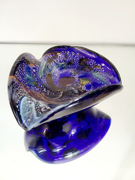 Image 1 of Murano Schale, Tutti Frutti, Organisches Design mit silbernen Blättern, Italien (Blau)