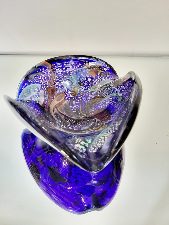 Image 1 of Murano Schale, Tutti Frutti, Organisches Design mit silbernen Blättern, Italien (Blau)