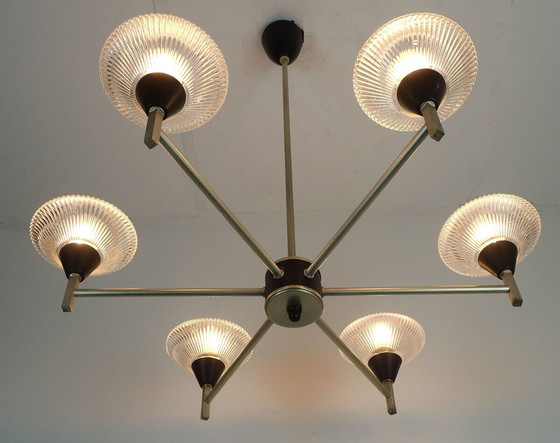 Image 1 of 6-light mid century CHANDELIER Pendelleuchte Glas Aluminium und Metall earyl 1960s