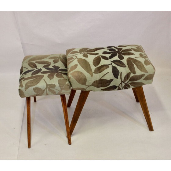 Image 1 of Vintage Hocker in Buche und Jacquard-Stoff Lelievre 1950s