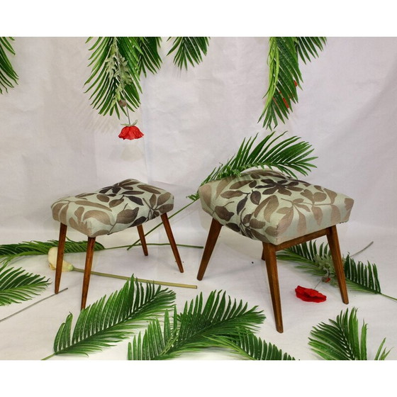 Image 1 of Vintage Hocker in Buche und Jacquard-Stoff Lelievre 1950s