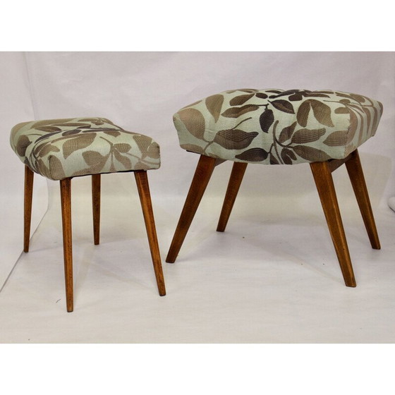 Image 1 of Vintage Hocker in Buche und Jacquard-Stoff Lelievre 1950s