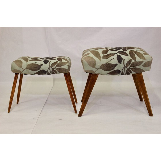 Image 1 of Vintage Hocker in Buche und Jacquard-Stoff Lelievre 1950s