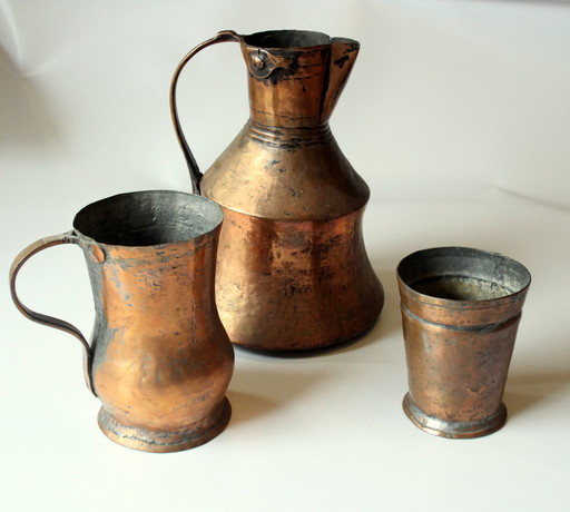 Dreiteiliges Vintage-Set Kupferkrug, Kupferkanne, Kupfer-Humpen/Becher - Tolle Deko Für Landhaus-Diele