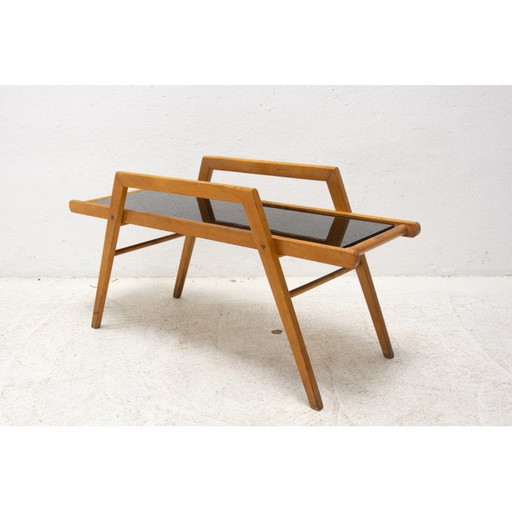 Mid Century Pflanzenständer aus Buchenholz mit gewebtem Leder, Tschechoslowakei 1970er Jahre