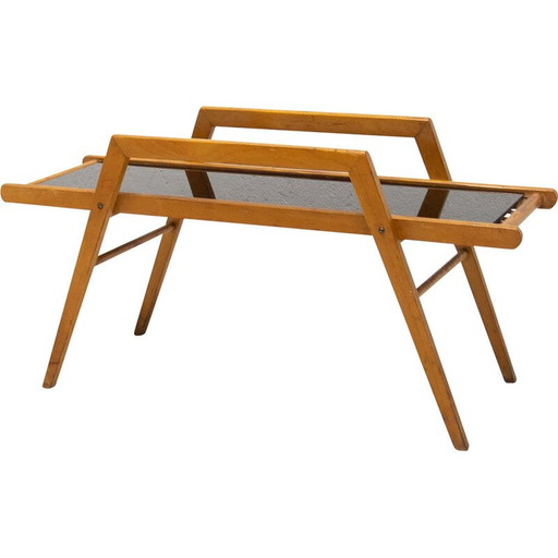 Mid Century Pflanzenständer aus Buchenholz mit gewebtem Leder, Tschechoslowakei 1970er Jahre