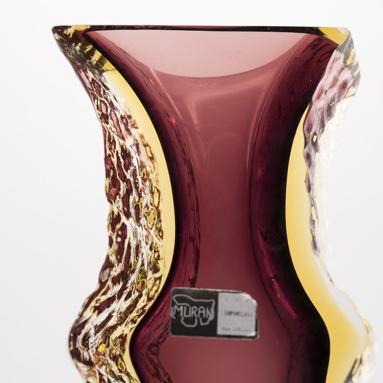 Image 1 of Brutalistische Alessandro Mandruzzato Murano Glas Sommerso Vase 60s Wein-Rot & Gelb