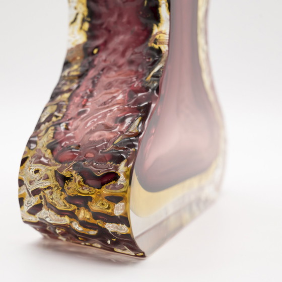 Image 1 of Brutalistische Alessandro Mandruzzato Murano Glas Sommerso Vase 60s Wein-Rot & Gelb