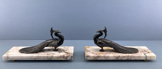 Image 1 of Satz Art Deco Buchstützen mit Pfauen